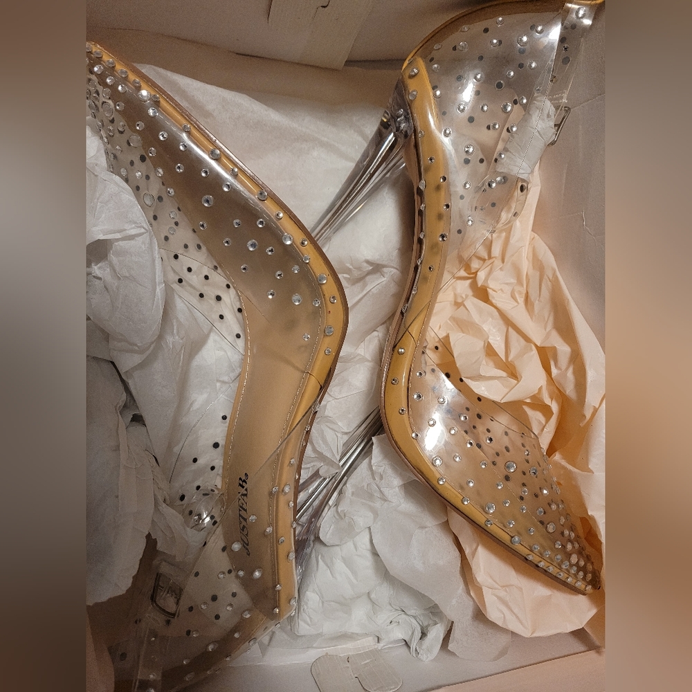 Ladies heels (pumps) tan/clear with rhinestone